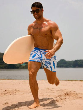 Surfspeed شورتات كاجوال للشاطئ مزينة بطبعة أشجار النخيل مع حزام خصر قابل للسحب للرجال