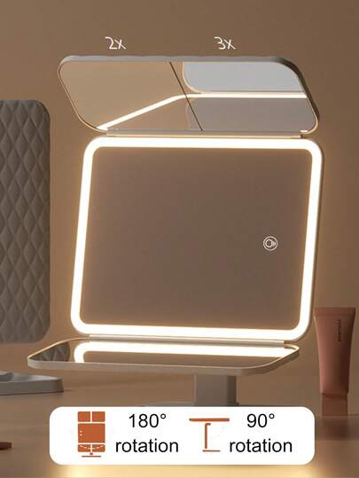 مرآة مكياج LED قابلة للطي 3 أضعاف، مرآة تجميل بتكبير 3X/2X/1X، مرآة مكياج محمولة عالية الوضوح مع إضاءة قابلة للتعديل ب- 3 ألوان، تصميم قابل للطي، بطارية قابلة للشحن 800 مللي أمبير، شحن USB، صديقة للسفر، مع وظيفة تعتيم باللمس، هدية مثالية للنساء، هدية عيد