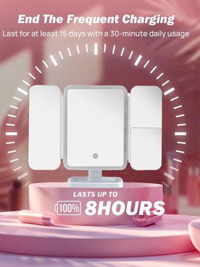 مرآة مكياج LED قابلة للطي 3 أضعاف، مرآة تجميل بتكبير 3X/2X/1X، مرآة مكياج محمولة عالية الوضوح مع إضاءة قابلة للتعديل ب- 3 ألوان، تصميم قابل للطي، بطارية قابلة للشحن 800 مللي أمبير، شحن USB، صديقة للسفر، مع وظيفة تعتيم باللمس، هدية مثالية للنساء، هدية عيد
