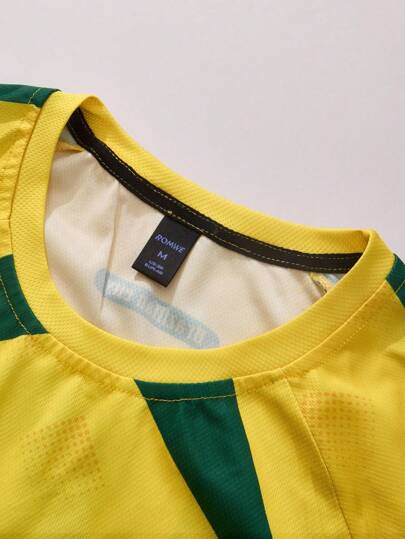 ROMWE MEN Prep رجالي كاجوال رقبة دائرية مطبوع بكرة القدم والأحرف كم قصير قصير