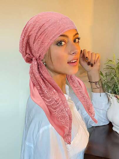 أفضل مبيعًا للنساء، طرحة مسلمة ذات حافة من الدانتيل وألوان سادة مرنة لتغطية الرأس مع فستان
