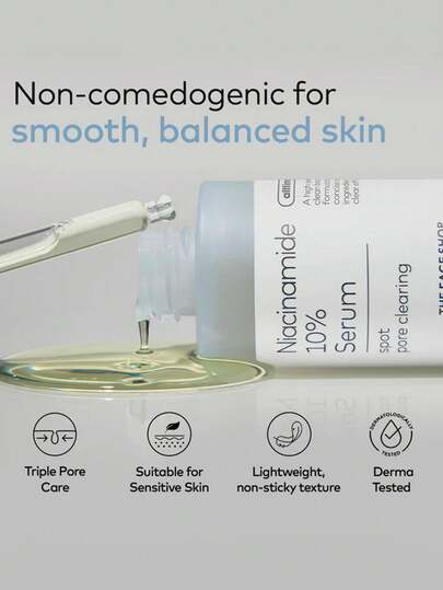 The Face Shop سيروم نياسيناميد بنسبة 10%، نياسيناميد نقي، مركب مُنير، ذو قوام جل مرطب، يمتص بسرعة، يُوحد لون البشرة، يقلل من المسام، إصلاح ليلي، قاعدة مكياج، مناسب للبشرة الدهنية والحساسة، 30 مل / 1.01 أونصة سائلة