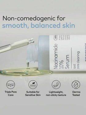 The Face Shop سيروم نياسيناميد بنسبة 10%، نياسيناميد نقي، مركب مُنير، ذو قوام جل مرطب، يمتص بسرعة، يُوحد لون البشرة، يقلل من المسام، إصلاح ليلي، قاعدة مكياج، مناسب للبشرة الدهنية والحساسة، 30 مل / 1.01 أونصة سائلة