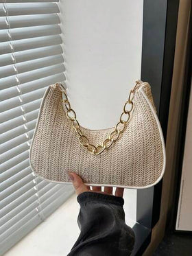 حقيبة هلال كريزنت معدنية سلسلة ملونة عصرية ، حقيبة يد نسائية متعددة الاستخدامات ، حقيبة كلاتش ، حقيبة شاطئ ، حقيبة قش عصرية ، محفظة هاتف