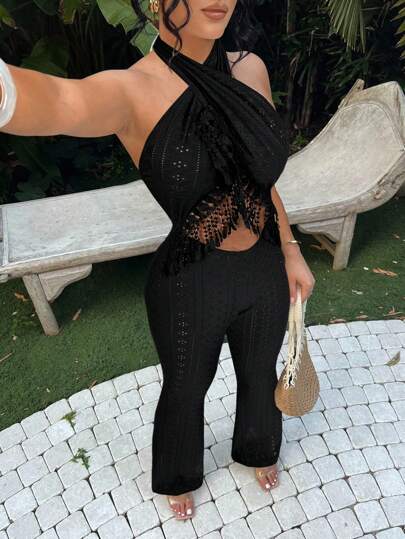 SHEIN SXY جمبسوت نسائية بأكتاف حلقية ذات خصر مبطن مزخرف بشراريب، لل-عطلات