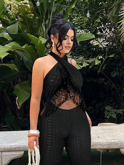 SHEIN SXY جمبسوت نسائية بأكتاف حلقية ذات خصر مبطن مزخرف بشراريب، لل-عطلات