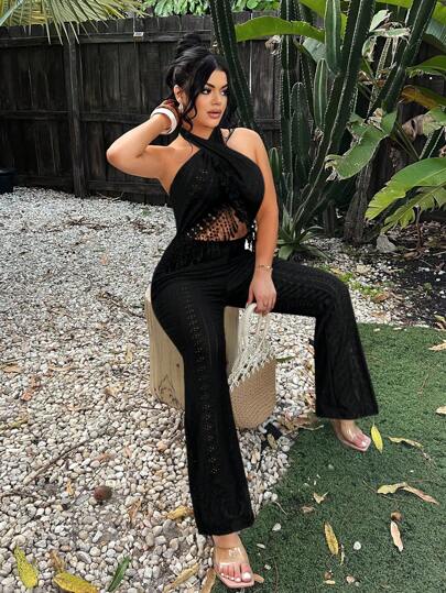 SHEIN SXY جمبسوت نسائية بأكتاف حلقية ذات خصر مبطن مزخرف بشراريب، لل-عطلات