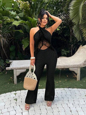 SHEIN SXY جمبسوت نسائية بأكتاف حلقية ذات خصر مبطن مزخرف بشراريب، لل-عطلات