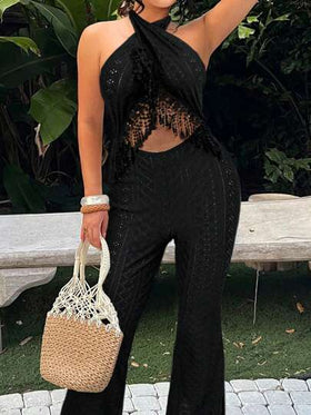 SHEIN SXY جمبسوت نسائية بأكتاف حلقية ذات خصر مبطن مزخرف بشراريب، لل-عطلات