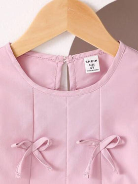 SHEIN Playful Pals مجموعة ملابس علوية مزينة بفيونكة جميلة وحلوة + بنطلون واسع الساق، بدلة بنات للربيع والخريف، بدلة بنات مكونة من قطعتين، بنطلون واسع، بدلة بنات للخريف والشتاء