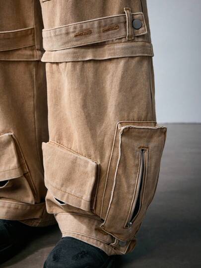 ROMWE MEN Street Life بنطال جينز كاجوال ذو تصميم كارجو مغسول بطراز رجعي للرجال
