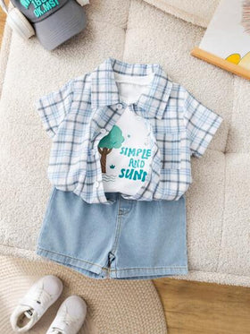 SHEIN 3 قطع/مجموعة من القمصان البيضاء للأطفال الصبية، شورت جينز أزرق، ملابس صيفية متناسقة