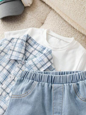 SHEIN 3 قطع/مجموعة من القمصان البيضاء للأطفال الصبية، شورت جينز أزرق، ملابس صيفية متناسقة