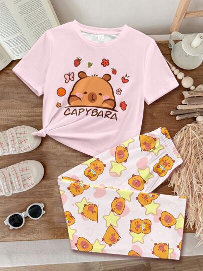 بيجاما مطبوع عليها أنميات Capybara لبنات المراهقات، قميص قصير الأكمام ذو رقبة طاقم ومطبوع برسوم بسيطة وسراويل، بدلة منزلية مناسبة للصيف