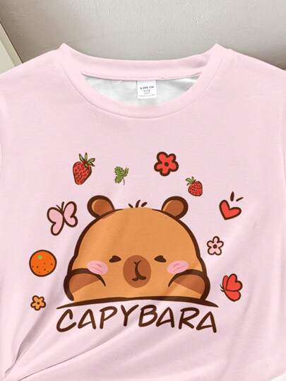 بيجاما مطبوع عليها أنميات Capybara لبنات المراهقات، قميص قصير الأكمام ذو رقبة طاقم ومطبوع برسوم بسيطة وسراويل، بدلة منزلية مناسبة للصيف