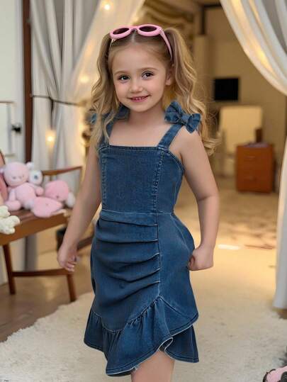 SHEIN Elladie kids فستان صيفي قطني مرن للفتاة الشابة ملائم للعطلات, ألوان مبهجة، خصر مطاطي، مزين بفيونكة، قابل للتعديل بحمالات، مريح وأنيق لفصل الصيف