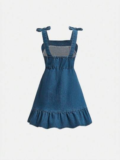 SHEIN Elladie kids فستان صيفي قطني مرن للفتاة الشابة ملائم للعطلات, ألوان مبهجة، خصر مطاطي، مزين بفيونكة، قابل للتعديل بحمالات، مريح وأنيق لفصل الصيف