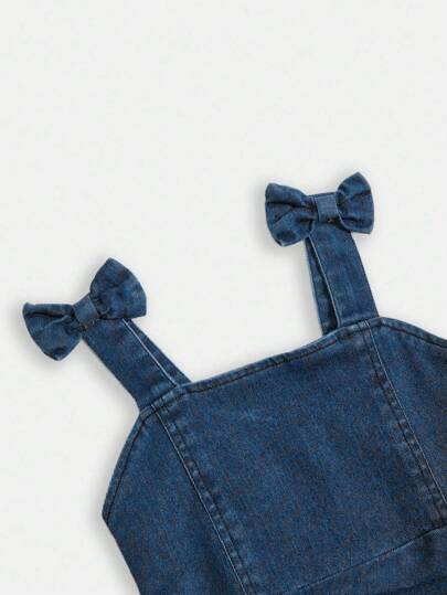 SHEIN Elladie kids فستان صيفي قطني مرن للفتاة الشابة ملائم للعطلات, ألوان مبهجة، خصر مطاطي، مزين بفيونكة، قابل للتعديل بحمالات، مريح وأنيق لفصل الصيف