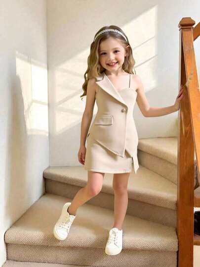 SHEIN Elladie kids طقم بدلة تصميم غير متماثل للفتاة الشابة، طقم فستان من قطعتين أنيق بلون بيج للسيدة الأنيقة