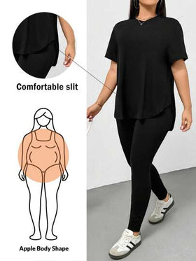 SHEIN Essnce مجموعة قطعتين من قميص أسود قصير الأكمام وسروال ليجنز للنساء ذوات الحجم الكبير، ملابس رياضية كاجوال مريحة وأساسية وقابلة للتنوع، ملابس مناسبة للصيف والخروج والمناسبات والطراز الأدنى، ملابس للنساء