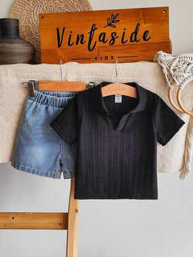 Vintaside Kids طقم قميص بولو مع طوق وشورت جينز مغسول عصري للأولاد الرضع، متعدد الاستخدامات للارتداء اليومي والتخييم والخروج والتسوق