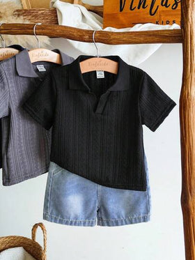 Vintaside Kids طقم قميص بولو مع طوق وشورت جينز مغسول عصري للأولاد الرضع، متعدد الاستخدامات للارتداء اليومي والتخييم والخروج والتسوق