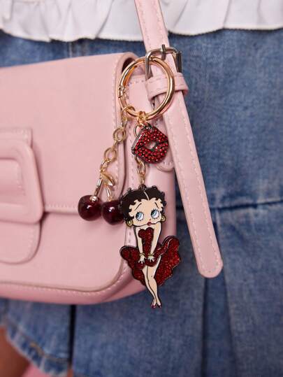 Betty Boop x SHEIN قلادة مفتاح من سبيكة ثلاثية الأبعاد على شكل كرز لامع، قلادة جذابة على شكل رسوم كرتونية، قلادة للحقيبة، هدايا، مناسبات، عيد الحب