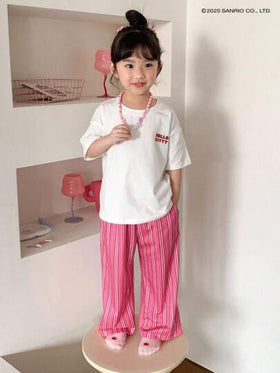 HELLO KITTY | DAZY بلوزة قصيرة الأكمام بياقة مستديرة + بنطال طويل للربيع والصيف (صغير) للبنات، ملابس منزلية عيد الفصح
