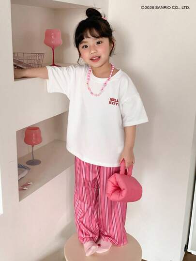 HELLO KITTY | DAZY بلوزة قصيرة الأكمام بياقة مستديرة + بنطال طويل للربيع والصيف (صغير) للبنات، ملابس منزلية عيد الفصح