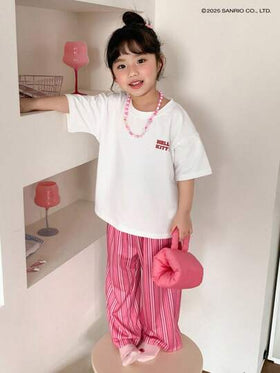 HELLO KITTY | DAZY بلوزة قصيرة الأكمام بياقة مستديرة + بنطال طويل للربيع والصيف (صغير) للبنات، ملابس منزلية عيد الفصح