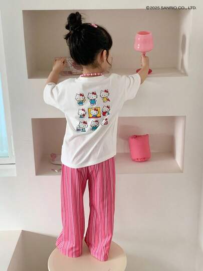 HELLO KITTY | DAZY بلوزة قصيرة الأكمام بياقة مستديرة + بنطال طويل للربيع والصيف (صغير) للبنات، ملابس منزلية عيد الفصح