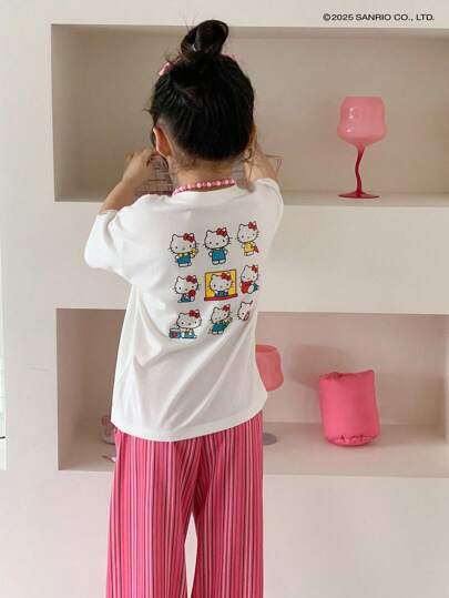 HELLO KITTY | DAZY بلوزة قصيرة الأكمام بياقة مستديرة + بنطال طويل للربيع والصيف (صغير) للبنات، ملابس منزلية عيد الفصح