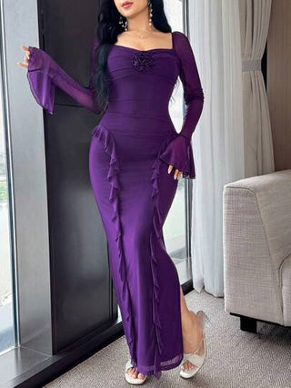 Modelyn فستان أنيق للسيدات بأكمام واسعة وذيل مجعد بلون أحادي