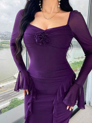 Modelyn فستان أنيق للسيدات بأكمام واسعة وذيل مجعد بلون أحادي
