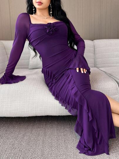 Modelyn فستان أنيق للسيدات بأكمام واسعة وذيل مجعد بلون أحادي
