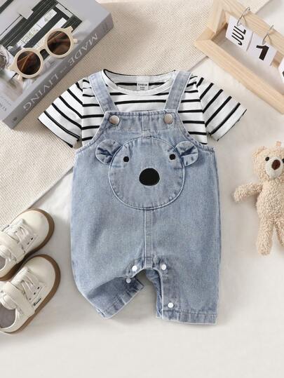SHEIN بدلة واحدة قطعة جينز مزخرفة بتصميم أذن كرتوني ثلاثي الأبعاد للأولاد الصغار