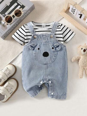 SHEIN بدلة واحدة قطعة جينز مزخرفة بتصميم أذن كرتوني ثلاثي الأبعاد للأولاد الصغار