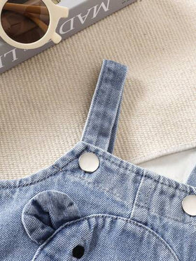SHEIN بدلة واحدة قطعة جينز مزخرفة بتصميم أذن كرتوني ثلاثي الأبعاد للأولاد الصغار