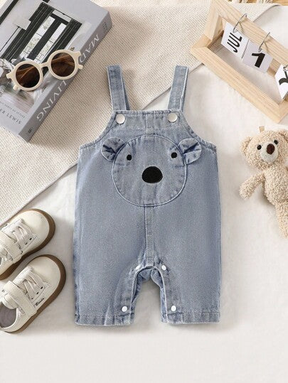 SHEIN بدلة واحدة قطعة جينز مزخرفة بتصميم أذن كرتوني ثلاثي الأبعاد للأولاد الصغار