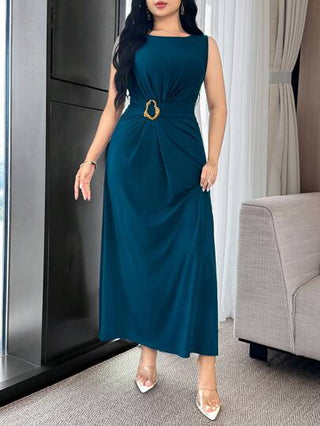 Modelyn اليوم الوطني السعودي فستان أنيق متعدد الاستخدامات للحفلات والعمل، مزين بالقصات المعدنية عند الخصر المجعد والمقنَّع