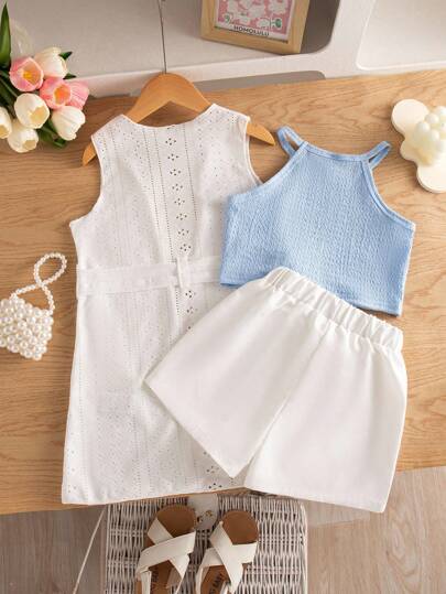 SHEIN Elladie kids 3 قطع / مجموعة للفتاة الصغيرة - ملابس علوية قصيرة بلا أكمام لفصل الصيف ، شورت أبيض مستقيم ، كارديجان رفيع مزخرف بالجاكار مع حزام ، طقم ملابس بسيط مريح وعادي