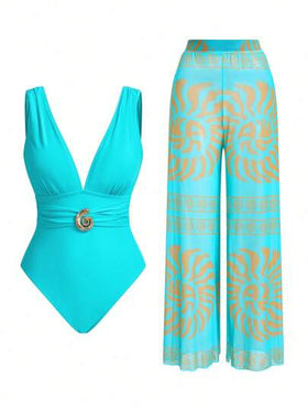 Swim Oasis بدلة سباحة قطعة واحدة ذات طبعة حلزونية كلاسيكية أنيقة، مع بنطال واسع الساق، مجموعة ملابس عصرية للنساء لرحلات الإجازة