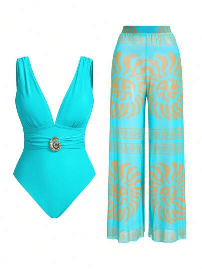 Swim Oasis بدلة سباحة قطعة واحدة ذات طبعة حلزونية كلاسيكية أنيقة، مع بنطال واسع الساق، مجموعة ملابس عصرية للنساء لرحلات الإجازة