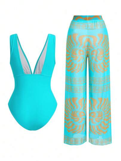 Swim Oasis بدلة سباحة قطعة واحدة ذات طبعة حلزونية كلاسيكية أنيقة، مع بنطال واسع الساق، مجموعة ملابس عصرية للنساء لرحلات الإجازة