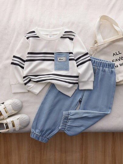 SHEIN Vintaside Kids مجموعة ملابس طفل صبي 2 قطعة - ملابس علوية ذات أكمام طويلة مخطط مطبوع عليها حرف مقترنة مع بنطلون جينز بسيط، مناسب للخروجات، الاستخدام اليومي، الرياضة، والحفلات الصغيرة، موضة كاجوال للربيع والخريف