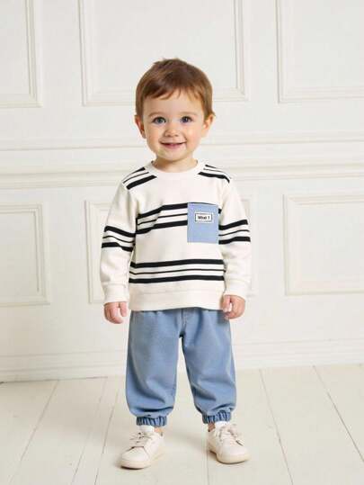 SHEIN Vintaside Kids مجموعة ملابس طفل صبي 2 قطعة - ملابس علوية ذات أكمام طويلة مخطط مطبوع عليها حرف مقترنة مع بنطلون جينز بسيط، مناسب للخروجات، الاستخدام اليومي، الرياضة، والحفلات الصغيرة، موضة كاجوال للربيع والخريف