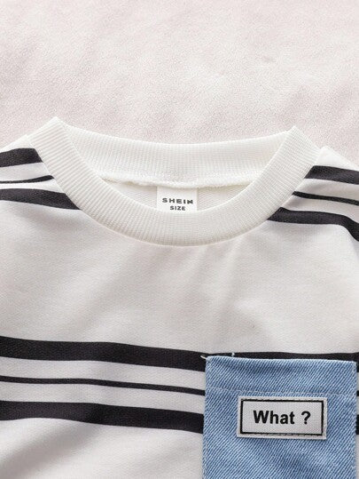 SHEIN Vintaside Kids مجموعة ملابس طفل صبي 2 قطعة - ملابس علوية ذات أكمام طويلة مخطط مطبوع عليها حرف مقترنة مع بنطلون جينز بسيط، مناسب للخروجات، الاستخدام اليومي، الرياضة، والحفلات الصغيرة، موضة كاجوال للربيع والخريف