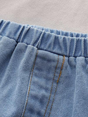 SHEIN Vintaside Kids مجموعة ملابس طفل صبي 2 قطعة - ملابس علوية ذات أكمام طويلة مخطط مطبوع عليها حرف مقترنة مع بنطلون جينز بسيط، مناسب للخروجات، الاستخدام اليومي، الرياضة، والحفلات الصغيرة، موضة كاجوال للربيع والخريف