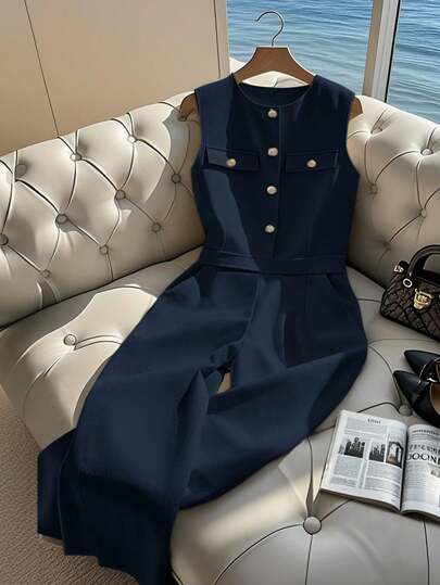 SHEIN Clasi جمبسوت شتاء وصيف أنيقة للنساء، بأزرار معدنية مزخرفة، جيوب، خصر مربوط، ساق مستقيمة