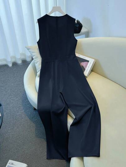 SHEIN Clasi جمبسوت شتاء وصيف أنيقة للنساء، بأزرار معدنية مزخرفة، جيوب، خصر مربوط، ساق مستقيمة